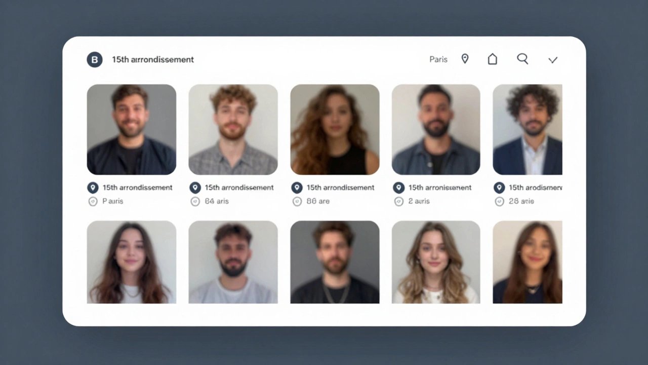 A discreet online profile interface showing Paris escort services with blurred images and verified badges, no personal details visible.