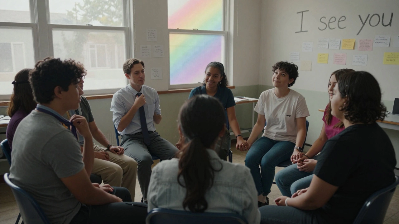 A group of people holding hands in a circle in a community center, sunlight filtering through windows, expressions of quiet solidarity.