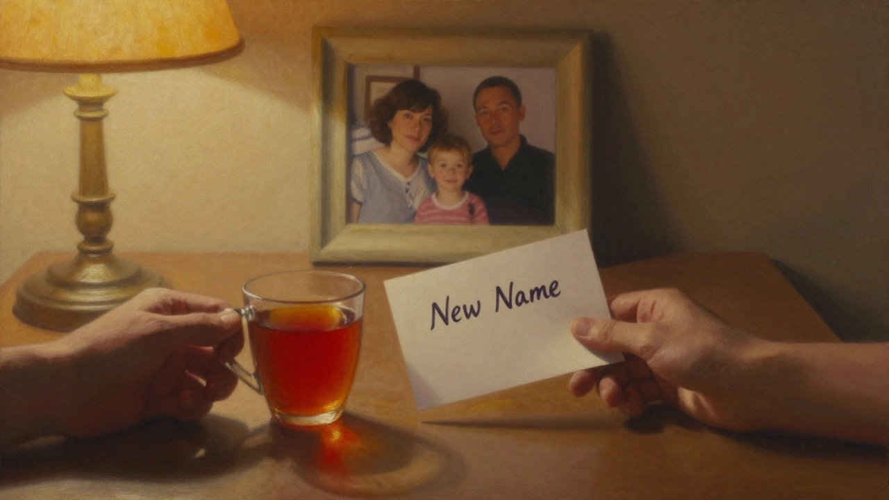 Two hands reaching across a table with a tea cup and a letter labeled &#039;New Name,&#039; family photo fading in the background.
