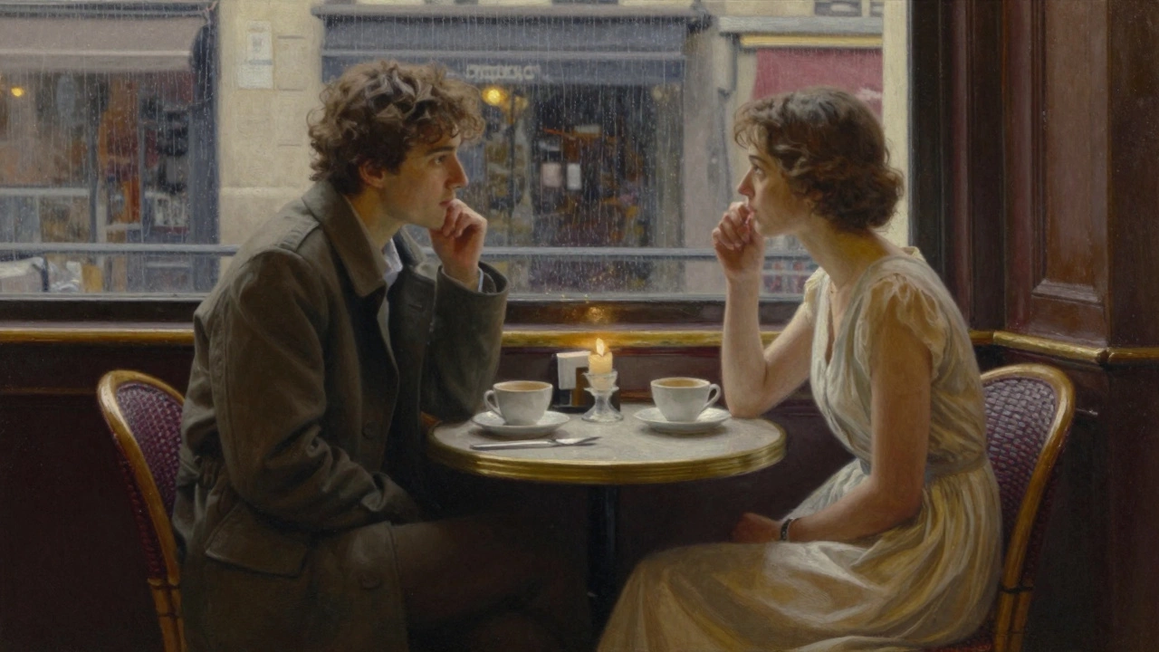 Two people sharing quiet coffee in a Paris bistro, their body language conveying connection without physical touch.